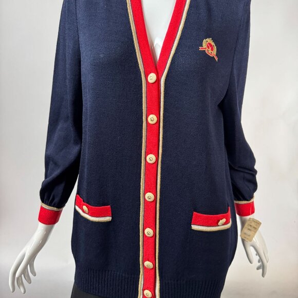 St. John Collection By Marie Gray Navy Cardigan With Red & Gold Trim S - Picture 9 of 16